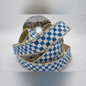 MACKENZIE-CHILDS Blue White Check Wired Ribbon 1 Inch Three (3) YARDS